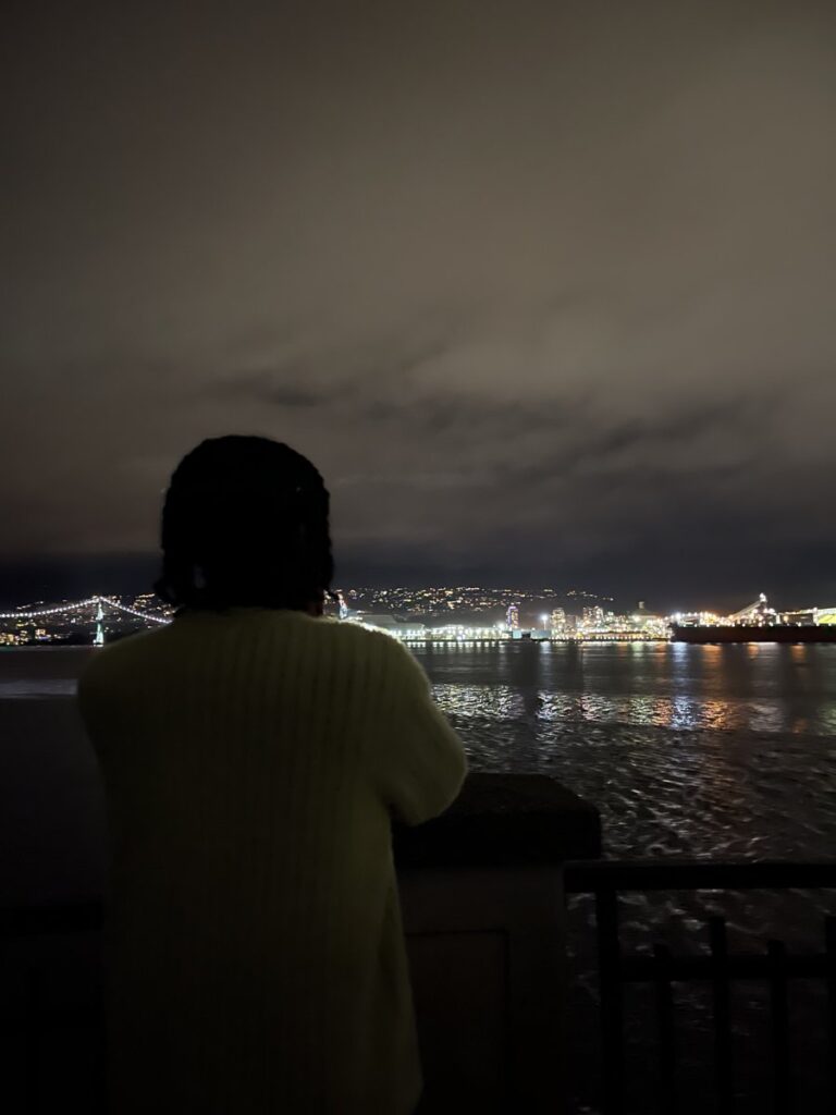 A person in a green knit cardigan seen from behind, looking over dark water toward glittering city lights and a bridge under a cloudy night sky.